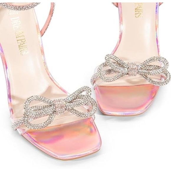 Women's Double Bowknots Crystal Sandals Clear Sling back Heels Square Toe Shoes - Picture 5 of 7